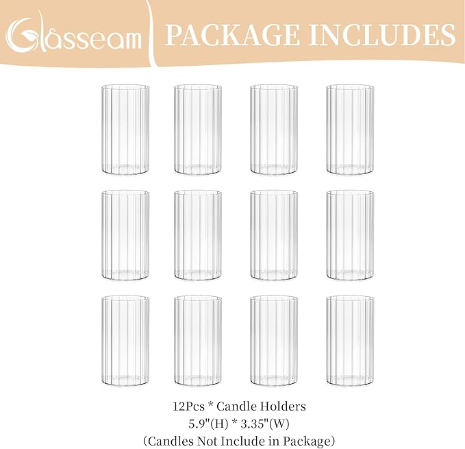 Glasseam Glass Pillar Candle Holder: Set of 12 Hurricane Candle Holders for Floating Candles Decorative Ribbed Vase for Flowers Cylinder Vases for Centerpieces Wedding Dining Table Thanksgiving 5.91’’