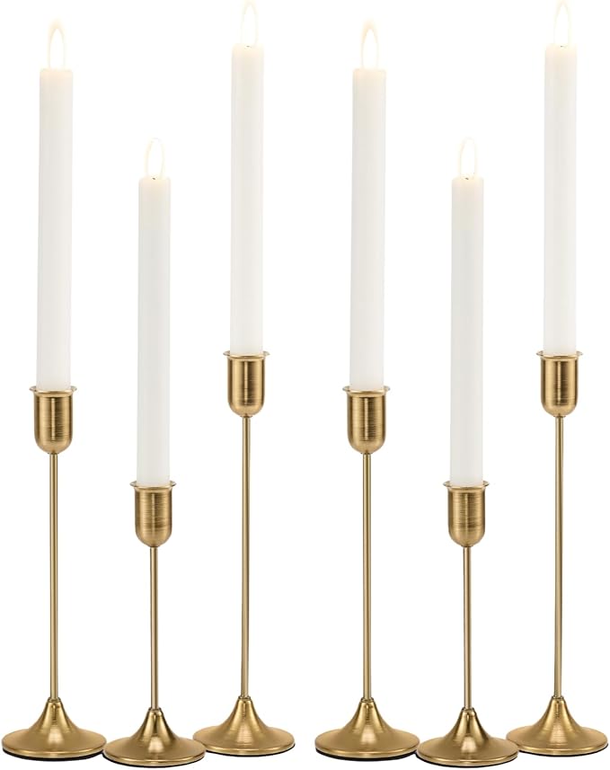 Brass Gold Candlestick Holders, Metal Taper Candle Holders Set of 6, Vintage Modern Candle Sticks Holder Decor for Table Centerpiece, Fireplace Mantel Wedding Housewarming Gift, Candlelit Dinner Décor