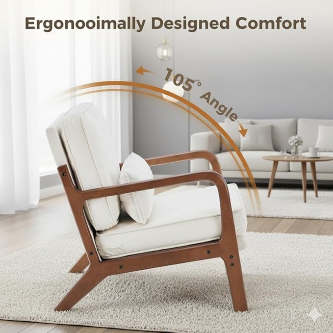 Simple Deluxe Mid-Century Modern Wood Accent Chair & Cozy Reading Chair, Upholstered Living Room Chair with Waist Cushion, Solid Wood Chair with Pillow for Bedroom, Beige