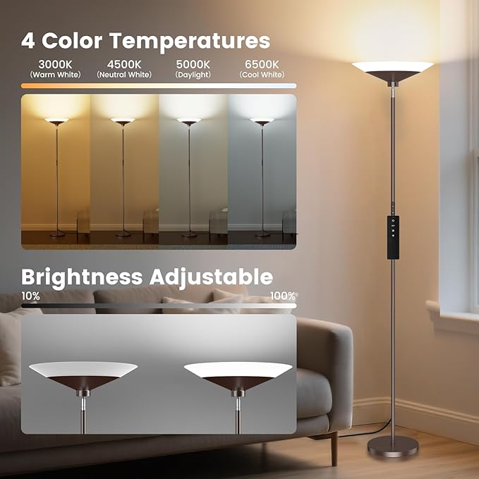 Brown Torchiere Floor Lamp - 30W Dimmable LED Standing Lamp with Remote, 4 Color Temps, Stepless Dimming, 3000-6500K, 1800LM, 72in Tall Floor Light for Office Bedroom Living Room Corner