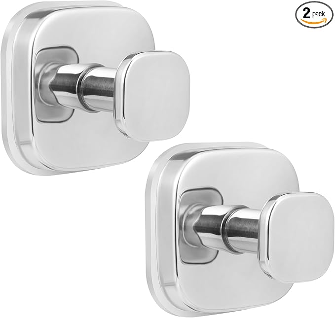 Suction Cup Hooks for Shower Heavy Duty No-Drill– Reusable Multi-Purpose Hooks Adheres to Glass, Mirrors, Tiles & Smooth Surfaces for Towels, Robes, Loofah& Body Sponge (2, Chrome Polished)