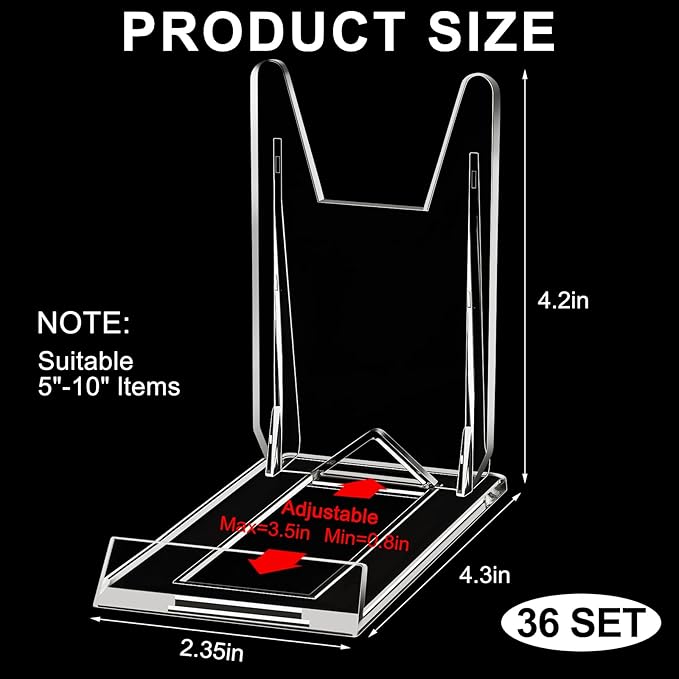 24 Pack Acrylic Book Stand for Display Adjustable Clear Display Holder Easel Collector Stand for Home Office Back to School Comic Album CD Magazine Postcard Artworks (4.2 x 4.3 x 2.35 Inch)