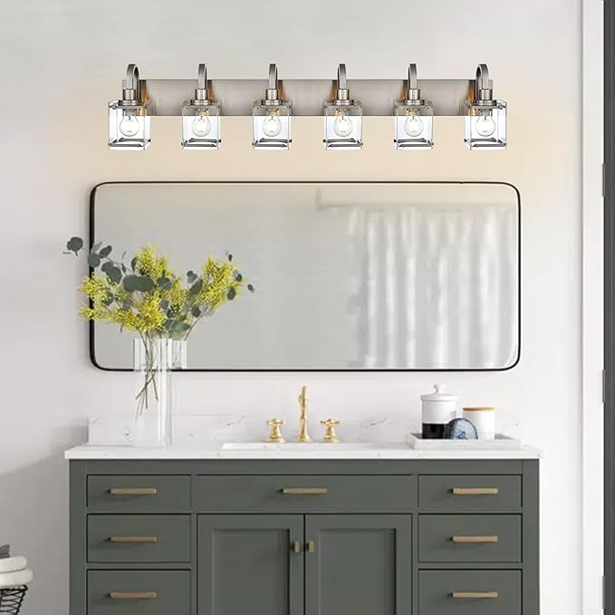 6-Light Bathroom Light, Brushed Nickel Vanity Light Fixture Over, Mirror,Modern Wall Lamp with Clear Glass Shade Wall Sconce Lighting for Living Room, Bedroom, Hallway