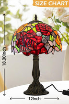 KY&BOSAM Tiffany Style Table Lamp Stained Glass Red Rose Desk Lamp Lights 19 Inch Tall Glass 12 Inch Wide Shade Beside Lamp1 Bulb Antique Zinc Base for Home Living Room Bedroom Kitchen Table Top Décor