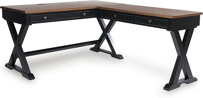 Signature Design by Ashley Wildenauer Casual 3-Drawer Home Office Desk and Return with Drop-Down Keyboard Tray and Cord Management, L-Shaped Desk, Wood, Mango Wood Veneer, Light Brown & Black