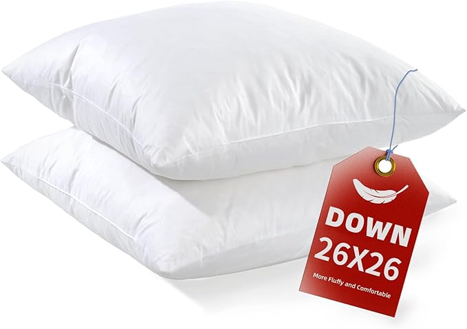 YSTHER 26x26 Euro Pillow Inserts Set of 2, Premium Down Feather Pillows for Couch & Bed - Hypoallergenic, Machine Washable, Fluffy Decorative Throw Pillow Inserts (White)