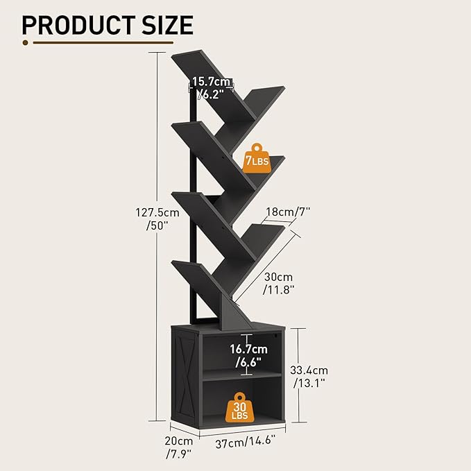 Tree Bookshelf, 6 Tier Bookcase with 2 Storage Racks, Free Standing Wooden Bookcase, Floor Standing Book Shelf Organizer for Living Room, Bedroom, Study, Home Office, Black