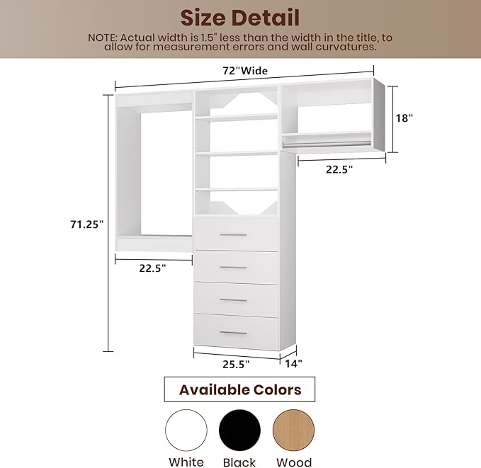 ROOMTEC Modular Closet System, 72" Wall Mounted Closet Organizer with Hanging Rods and Drawers, Modern Wooden Tower for Walk-In Closets, Wardrobe Storage Kit, White