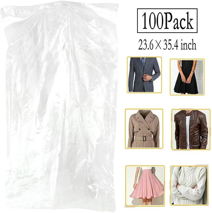 100 Pack Garment Bag Transparent Clothing Dust Cover Dustproof Hanging Clothes Suit Dress Jacket Cover for Dry Cleaner, Home Storage,Travel, Clothes Storage Closet,23.6 x 35.4 inches