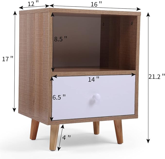 JAXPETY Set of 2 Modern Wood Nightstand, Bedside Table with Drawer, Bedside Furniture, Night Stand, End Table with Open Shelf and Solid Wood Legs for Home Bedroom, Brown