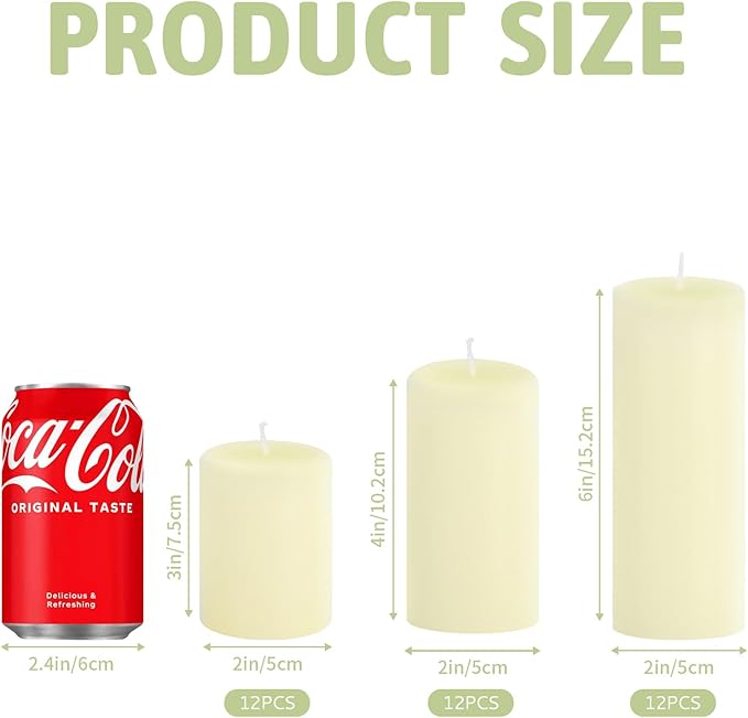 36 Pack Ivory Pillar Candles Bulk Set, 2x3 2x4 2x6 Inch - 12 Each Size, Dripless Smokeless Clean Burning for Wedding Centerpieces, Home Decor, Church, Romantic Ambiance！