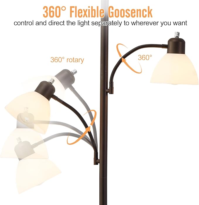 Luvkczc Floor Lamps for Living Room, 72" Tall Standing Lamp, Torchiere Lamp with 2 Reading Lamps, Industrial Bright Floor Lamp for Bedroom, Office, Dresser, Brown Lamps, 3 LED Bulbs Included