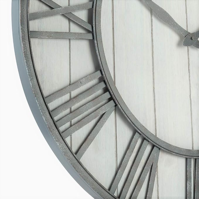 30-inch Farmhouse Metal & Solid Wood Noiseless Wall Clock (Whitewash, 30-inch)