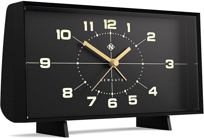 NEWGATE® Wideboy Alarm Clock | Rectangular Retro Design | Black | Mid Century dial | Ideal for Bedside, Desk, Mantel or Shelf | Retro Bedroom & Office Accessory