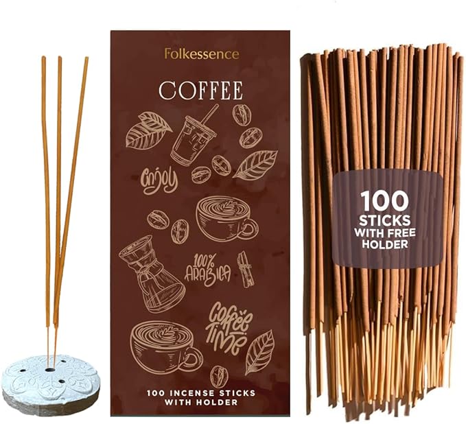 Folkulture Coffee Incense Sticks with Holder (100 Sticks)| Premium Coffee Incents Stick for Focus, Energy, Relaxation Gifts for Women | No Charcoal,Organic,Non Toxic, 45 Mins, Long Burning Insence