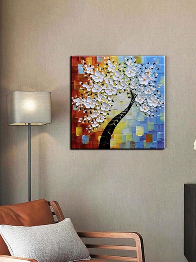 YaSheng Art - hand-painted Oil Painting On Canvas white Flowers Paintings Modern Home Interior Decor Wall Art for living room Abstract Art picture Ready to hang 24x24inch