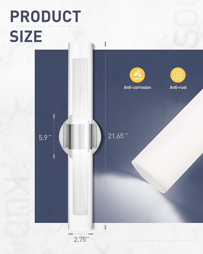 kudos Brushed Nickel Bathroom Sconces Wall Lighting, Vanity Light for Bathroom, Modern Wall Lights with Clear Glass and Frosted Glass, 3000K/4500K/6000K Adjustable, KDVL06-BN-2