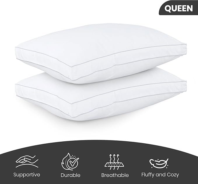 Utopia Bedding Bed Pillows for Sleeping Queen Size (White), Set of 2, Soft & Fluffy Pillow with Down Alternative Filling, Cooling, Hotel Quality, Gusseted Pillow for Back, Stomach or Side Sleepers
