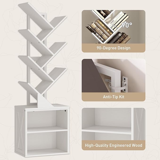 Tree Bookshelf, 6 Tier Bookcase with 2 Storage Racks, Free Standing Wooden Bookcase, Floor Standing Book Shelf Organizer for Living Room, Bedroom, Study, Home Office, White