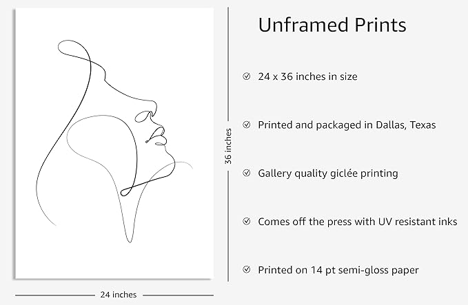 Y2K BOO Minimalist Woman Profile UNFRAMED Wall Art Upward Gaze Continuous Line Drawing Feminine Face 24x36 Inch Heavyweight Paper Studio Decor