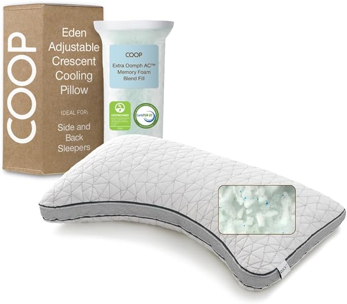 Coop Home Goods Eden Crescent Bed Pillow for Side & Back Sleepers, King Size, Adjustable Medium Soft Memory Foam Pillow with Cooling Gel & Ergonomic Crescent Shape, CertiPUR-US/GREENGUARD Gold
