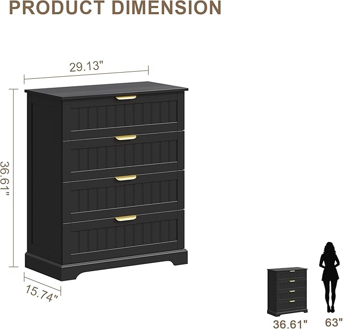 4 Wooden Drawer Dresser for Bedroom Storage, Modern Farmhouse Wood Chest of Drawers with Metal Handles, Wide Storage, Cabinet for Closet, Living Room, or Entryway Black