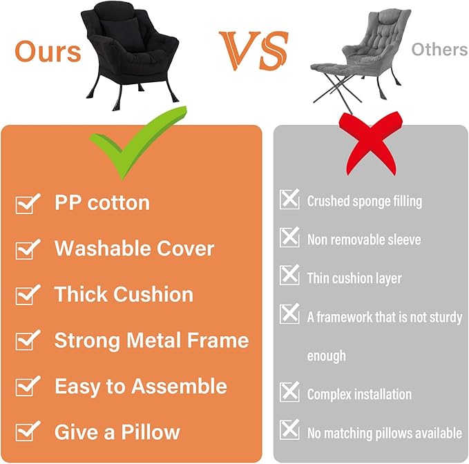 Lazy Chair for Living Room, Large Black Lounge Accent Chair with a Throw Pillow, Leisure Sofa Chair Set, Comfy Reading Chair for Bedroom, Dorm Room, Office