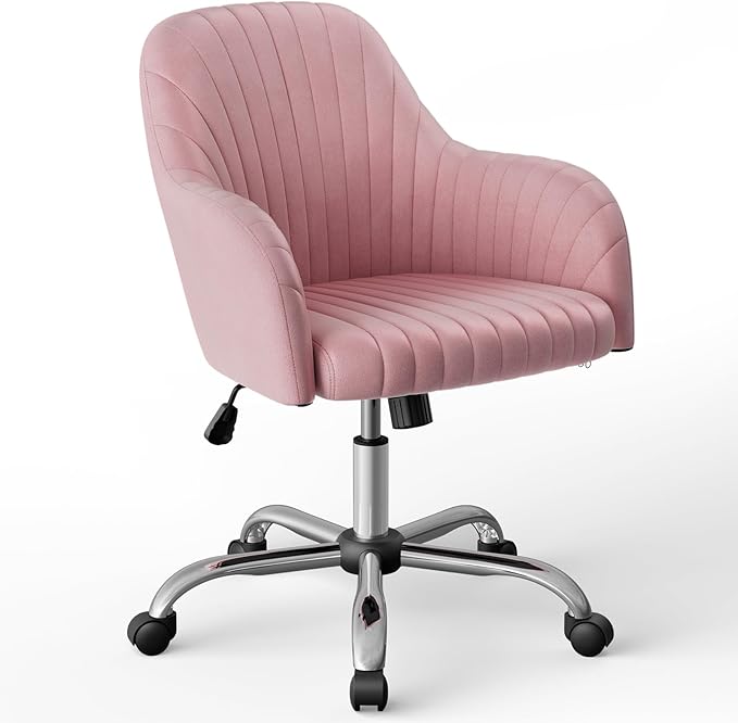 Warmiehomy Desk Chair, Velvet Office Chair for Home Office, Comfy Vanity Chair, Girl Cute Makeup Chair with Arm Rest for Bedroom Dressing Room, Pink