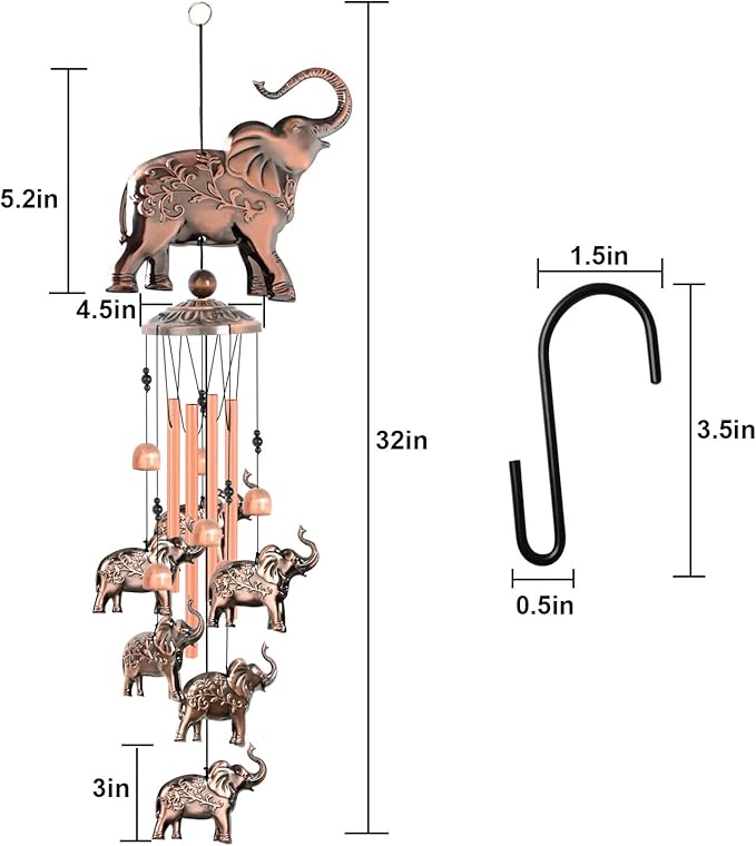 JOBOSI Elephant Wind Chimes, Elephant Room Decor Garden Decor Patio Decorations with S Hook Gifts for mom Women Grandma Friends Mother
