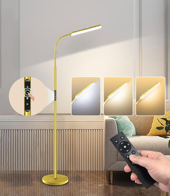 Dimunt LED Floor Lamp, Bright 15W Floor Lamps for Living Room with 1H Timer, Stepless Adjustable 3000K-6000K Colors & Brightness Standing Lamp with Remote & Touch Control Reading Floor Lamps-Golden
