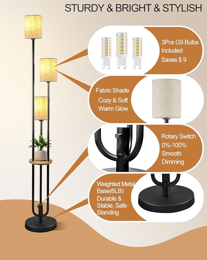 Lightdot 64Inch Floor Lamp with Table Dimmable Black Floor Lamp for Living Room 3 Lights Mid Century Modern Tall Standing Lamp with Fabric Shade for Bedroom/Sofa Beside/Corner Decor(Bulbs Included
