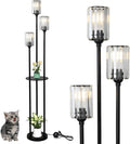 HMVPL Crystal Floor Lamp with Shelves, Modern Floor Lamps for Living Room, 3-Light Standing Lamps with Table, Black Tall Lamp with Crystal Shade, On/Off Foot Switch, Corner Floor Lamp for Bedroom