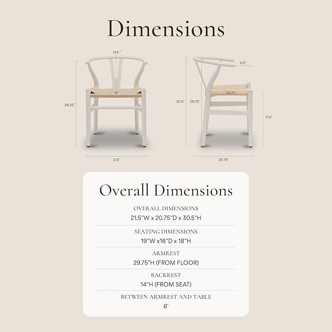 Poly & BARK Weave Dining Chairs – Mid-Century Modern Wishbone Dining Chairs with Arms, Solid Wood Frame, Indoor Use – White – Set of 2 - Ideal for Dining Room, Kitchen or Stylish Accent Setting