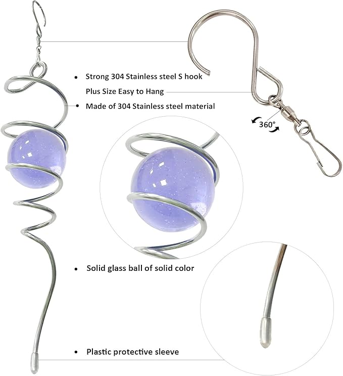 Gazing Ball Spiral Decorative Wind Spinner Tail Sun Catcher 11inch Tail and 2 inch Glass Orb. Indoor Outdoor Garden Decoration Wind Sculptures-13 inch Height (Purple)