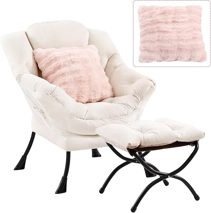 Lazy Chair with Ottoman, Large Lounge Accent Chair with Ottoman and a Throw Pillow, Beige Reading Chair for Living Room Bedroom Dorm Room Office Apartment Relaxing Use