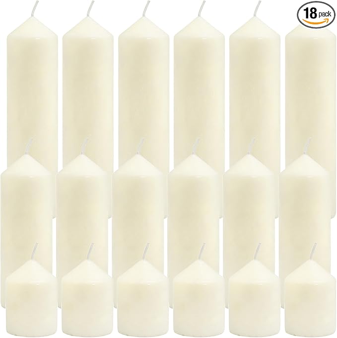 Pillar Candles Bulk Set - Unscented, Smokeless, Dripless | 3 Sizes: 2x3, 2x6, 2x8 Inches | Ideal for Weddings, Christmas & Home Decor (18, Ivory White)