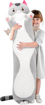 Mewaii Long Cat Plush 5 Sizes, 120% Extra Filling Giant Plushness Kids Body Pillow, Kawaii Cute Grey Cat Stuffed Animals Plushies, Big Long Body Pillow Cat Plush Gift for Girls 53”