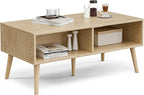 Coffee Table with Storage, Boho Dining Table with Rattan Drawer and Solid Wood Legs, Small Coffee Tables for Living Room, Oak