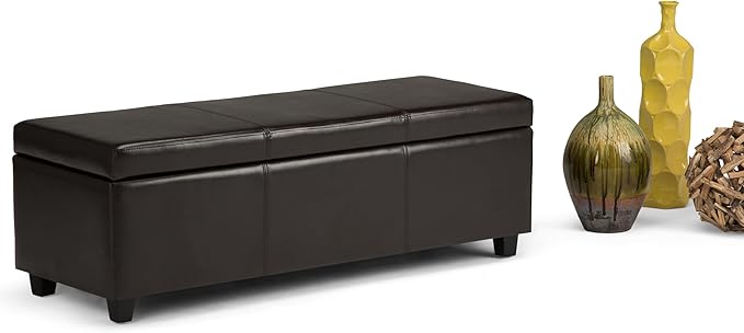 SIMPLIHOME Avalon Storage Ottoman Bench - 48 inch Wide Upholstered Vegan Leather Rectangular Lift-Top Ottoman in Tanners Brown, Contemporary Storage Bench for Living Room with High-Density Foam