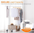 HOKEEPER Clothes Rack with Lockable Wheels Height Adjustable Clothing Rack Clothing Rack 300LBS Commercial Grade Portable Closet for Bedroom, Living Room, Laundry, Balcony, Silver