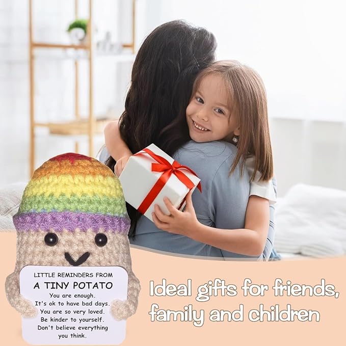 Funny Knitted Wool Doll Toy with Positive Card, Creative Cute Mini Crochet Positive Potato Dolls Cheer Up Gift for Family Kids Friends Encouragement Decoration (A- Little Reminder from Potato)