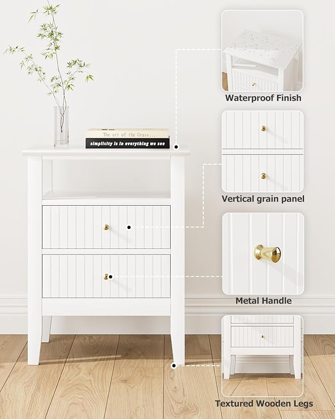 Fluted Nightstand, Farmhouse Night Stand with 2 Drawers, Mid Century Modern Side Accent Table,Bedside End Table for Bedroom, Living Room, White