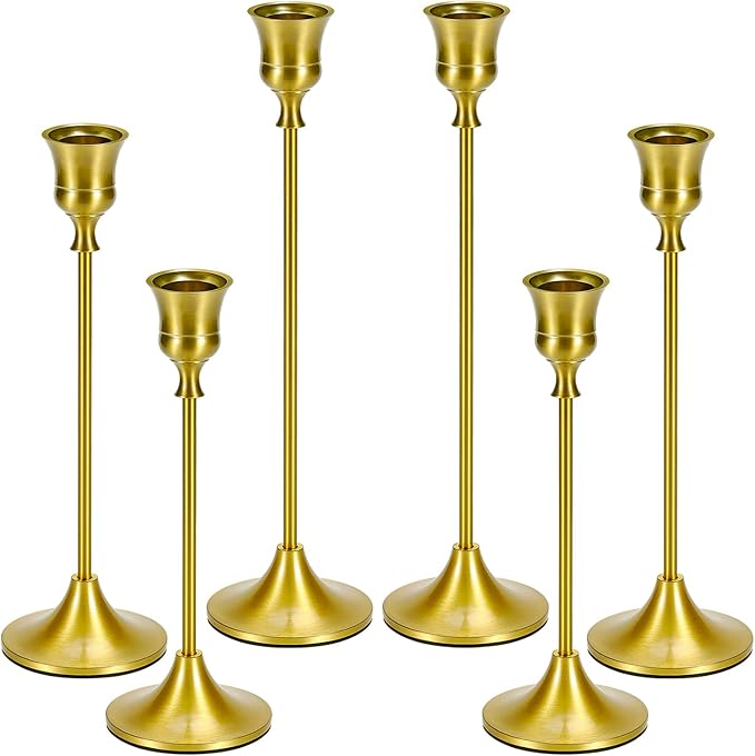 Candle Holder Gold Taper Candlestick Holders - Table Décor Brass Golden Pillar Candle Sticks Holder Set of 6, Antique Fireplace Decor Tapered Bulk Candelabra for Wedding, Christmas