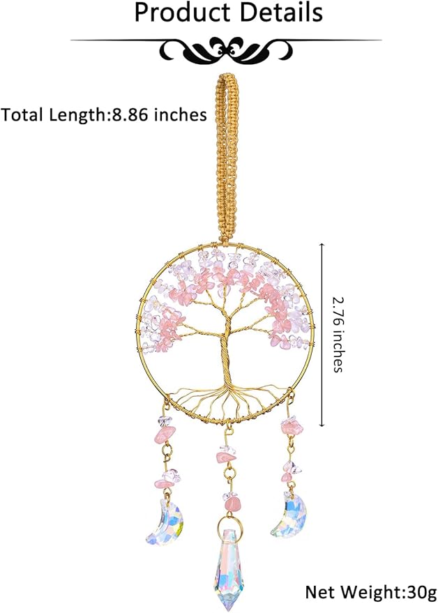 CrystalTears Crystal Tree Life Hanging Ornament Handmade Rose Quartz Clear Quartz Healing Crystal Gemstone Glass Suncatcher for Home Window Wall Decoration Crystal Gifts for Women Men Friends