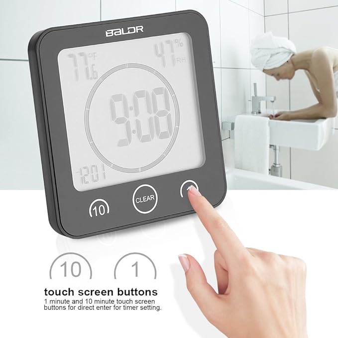Baldr Digital Bathroom Clocks - 2 Pack Water-Resistant Shower Clock with Timer - Large LCD Display Digital Clock for Shower with Timer, Temperature and Humidity, Wall Clock for Bathroom, Black