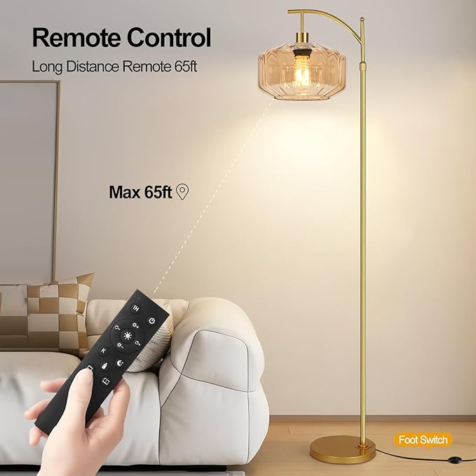 Gold Floor Lamps for Living Room Vintage Floor Lamp with Remote Control,Dimmable Floor Lamp Glass Mid Century Modern Standing Lamp 3 Color Temperature Brass Tall Floor Lamps for Bedroom Corner
