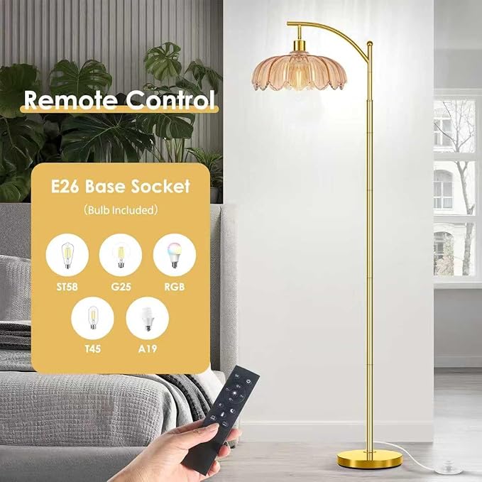 Gold Floor Lamp for Living Room with Remote,Unique Vintage Standing Tall Lamp,Mid Century Modern Floor Lamps Arc Glass Floor Lamps for Office Corner