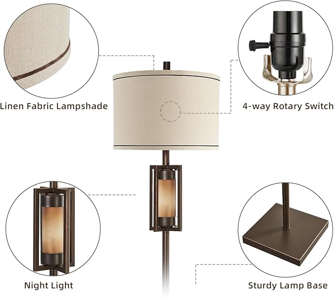 RORIANO 63'' Rustic Floor Lamp for Living Room with 2 Light Sources, Farmhouse Tall Standing Lamp with Amber NightLight, Vintage Lamp for Bedroom Reading Room Office, Bulbs Included (‎Brown)