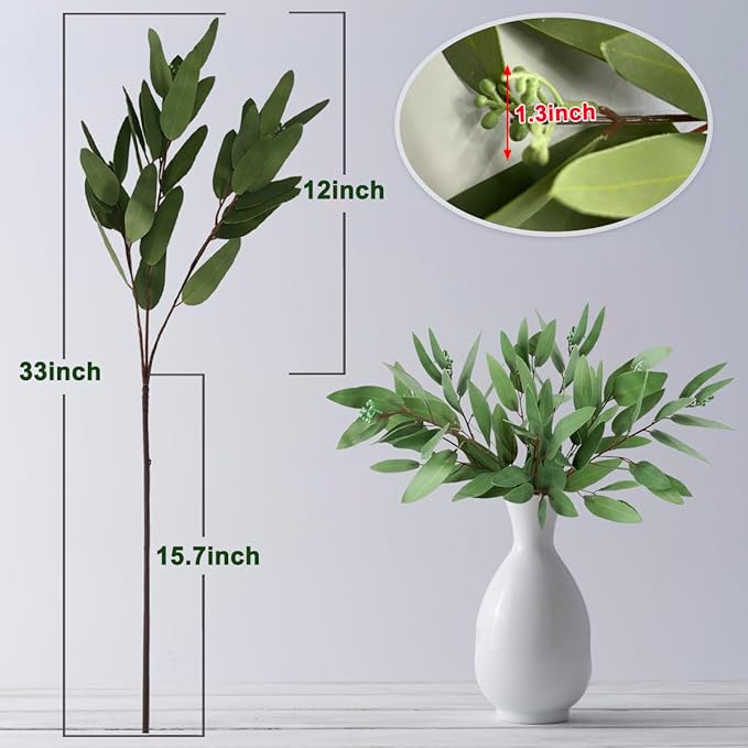 WAYNHUI 3 Pack Faux Real Touch Artificial Eucalyptus Stems with Seeds 31'' Tall Faux Greenery Stems for Bridal Wedding Bouquet Vase Table Centerpiece Decor (Green 3pack)
