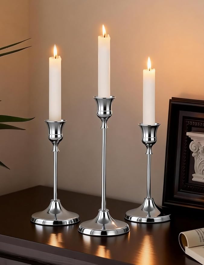 2 Sets(6 Pcs) Silver Tapered Candle Holder,Candlestick Tall Metal Candlestick Holders for Table Centerpiece Home Decor for Wedding Fireplace Mantel Housewarming Gift Fits 3/4 Inch Thick Candles